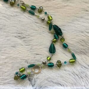 Blue Green Silver Glass Bead Long Necklace Botanic
